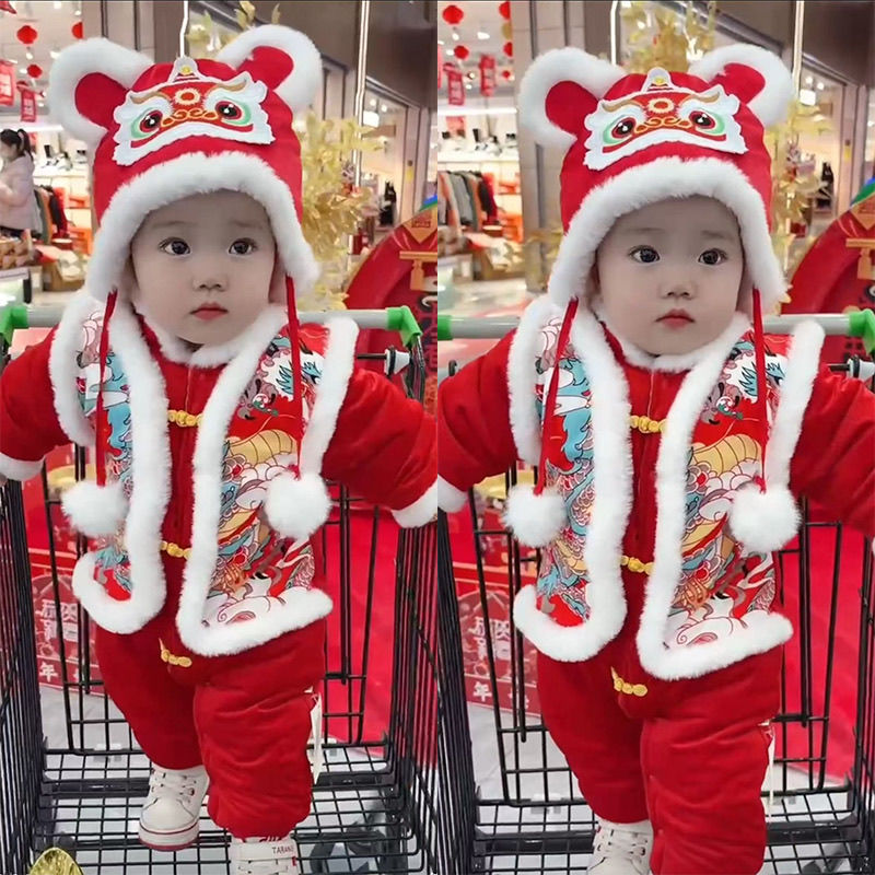 婴儿拜年服喜庆连体衣宝宝冬装红色百天周岁礼服加绒加厚新年衣服