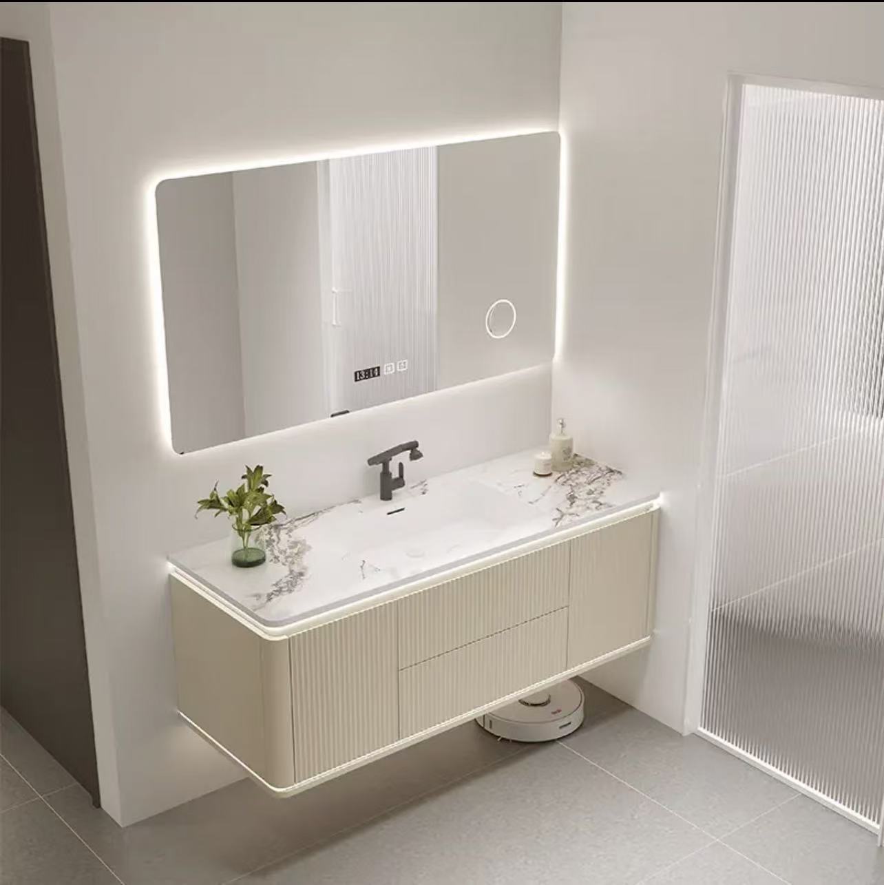 奶油风岩板一体盆浴室柜组合智能轻奢设计师定制洗手洗脸池洗漱台