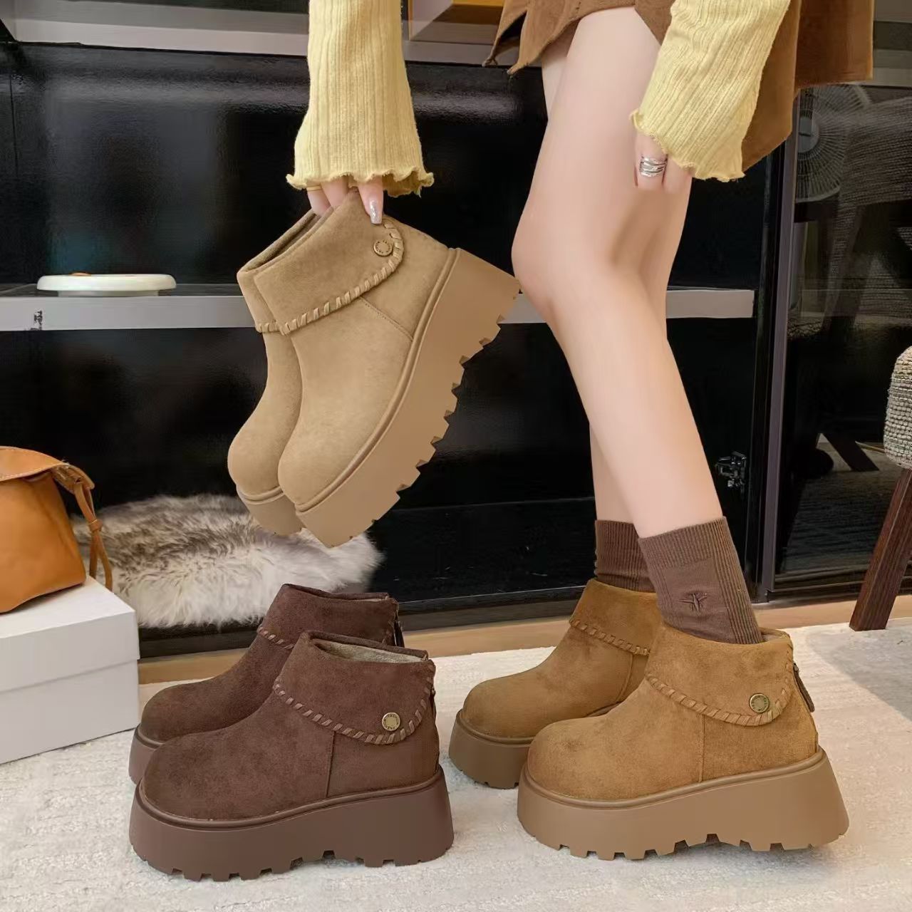 2025新款洋气勃肯冬季厚底加绒短靴40女款鞋子短筒百搭秋冬H022