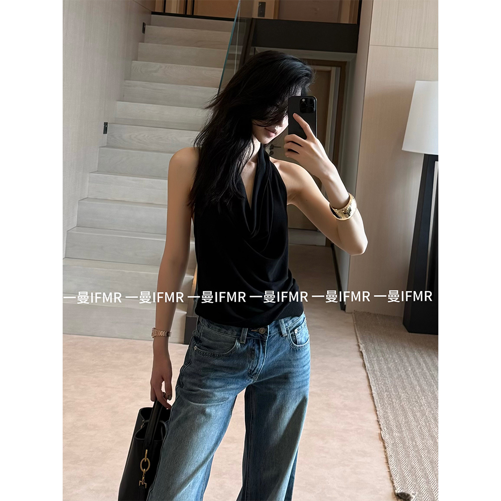 IFMR通勤辣妹风修身型荡领露背女设计感外穿法式露肩无袖气质F