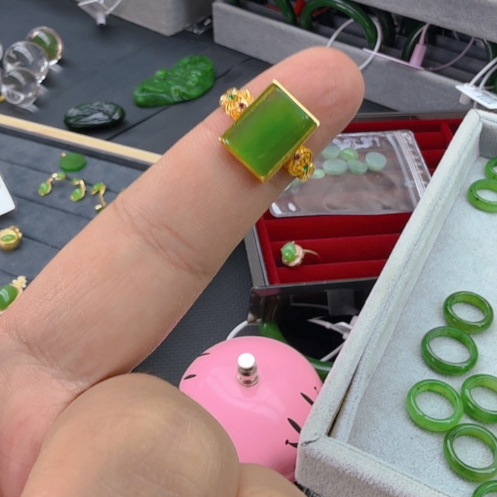 和田玉（碧玉）戒指银S925镀金镶嵌