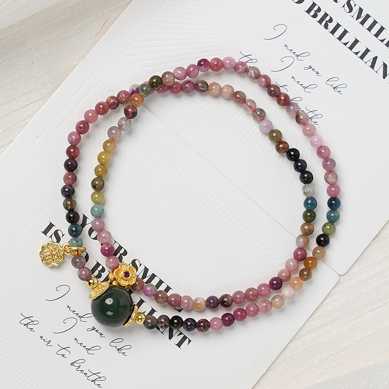 天然多彩多圈碧玺彩色宝石手链和田玉隔珠福牌手串多样性发一9311