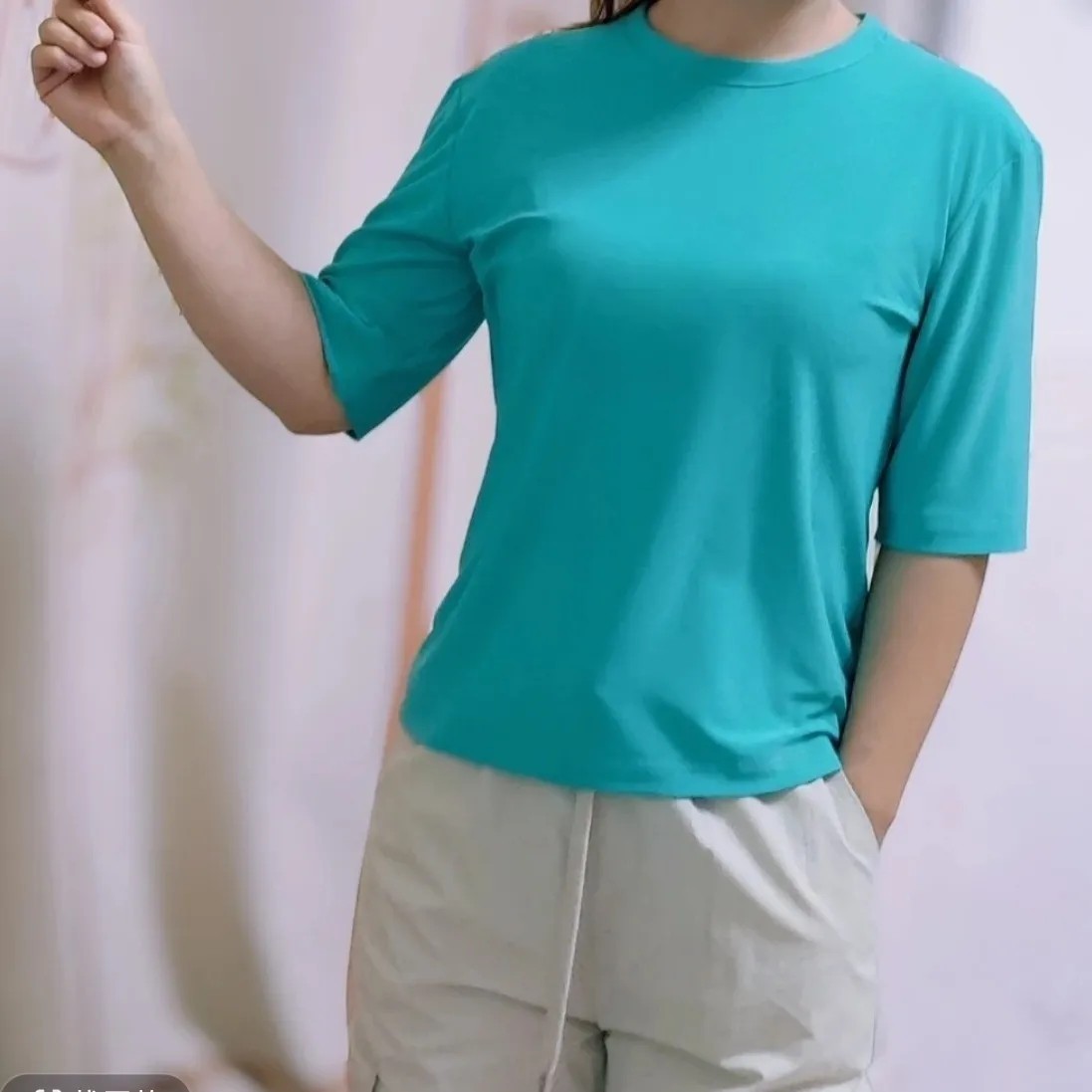 七分袖蓝色显瘦T恤百搭休闲修身女打底衫纯色圆领