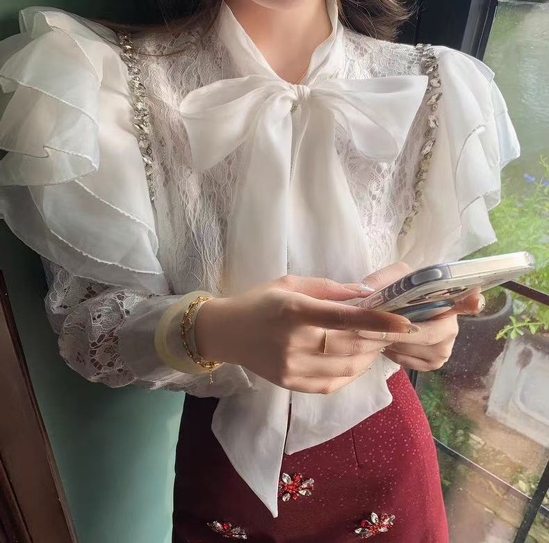 【漫老板】89537私服 定制气质镂空蝴蝶结衬衣