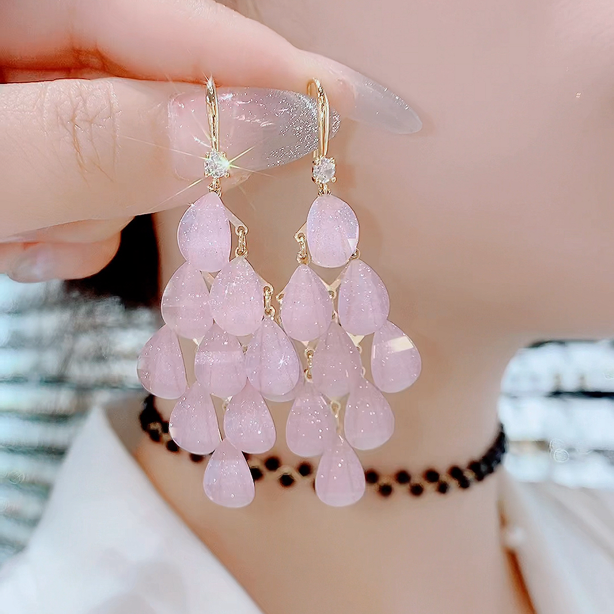 铜合金合成锆石耳饰 898-粉色甜美气质温柔精致搭礼服轻奢款耳环