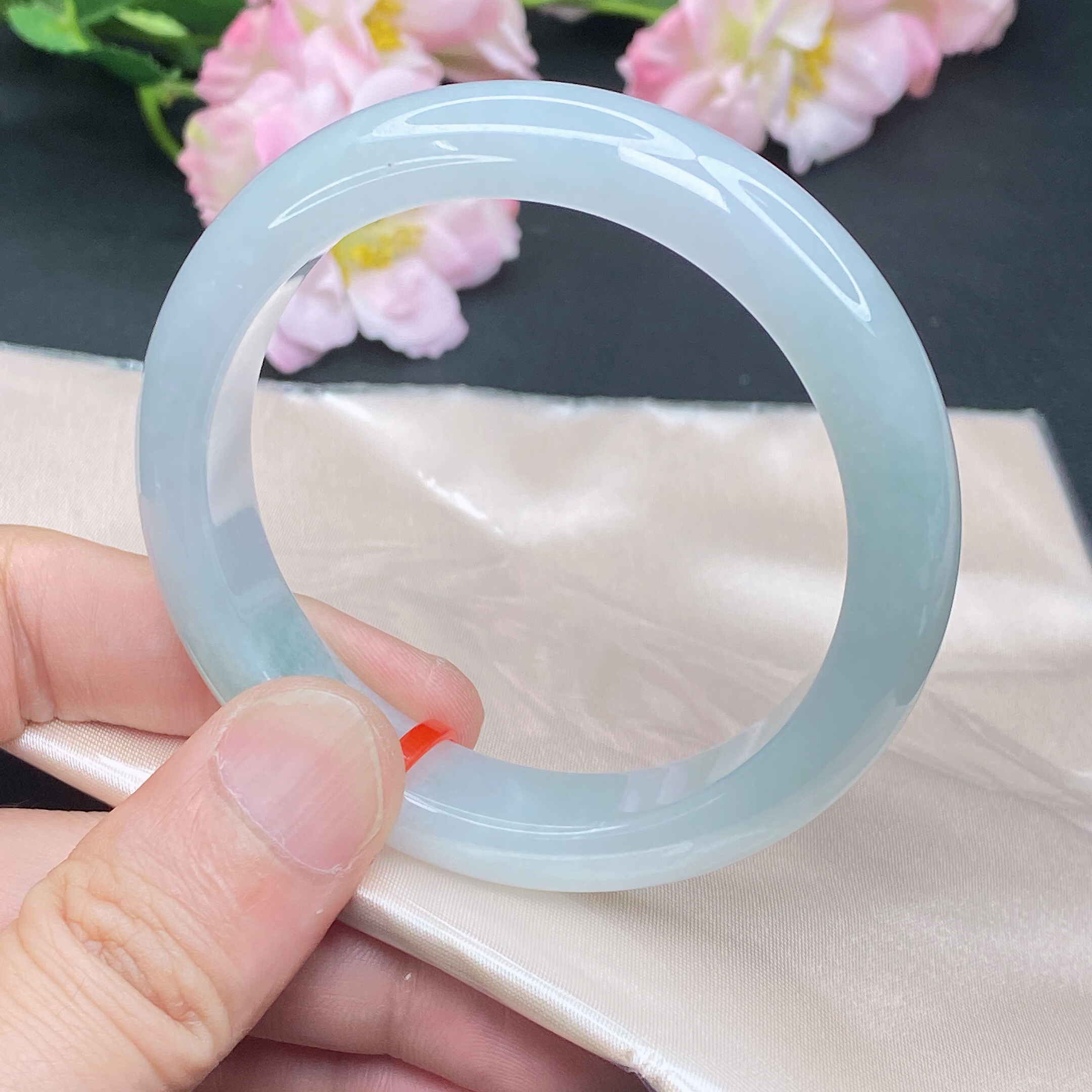 049#缅甸天然翡翠A货手镯 58圈冰润白月光宽边正圈玉镯子翡翠手镯