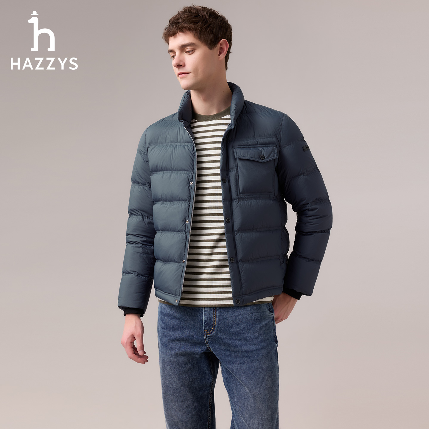 【商场同款】HAZZYS哈吉斯男士冬季时尚休闲羽绒服短款保暖立领外套