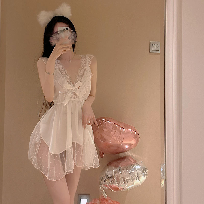 [悦享情语]性感丝纱睡美蝴蝶结吊带睡裙女式家居服套装空姐丝袜