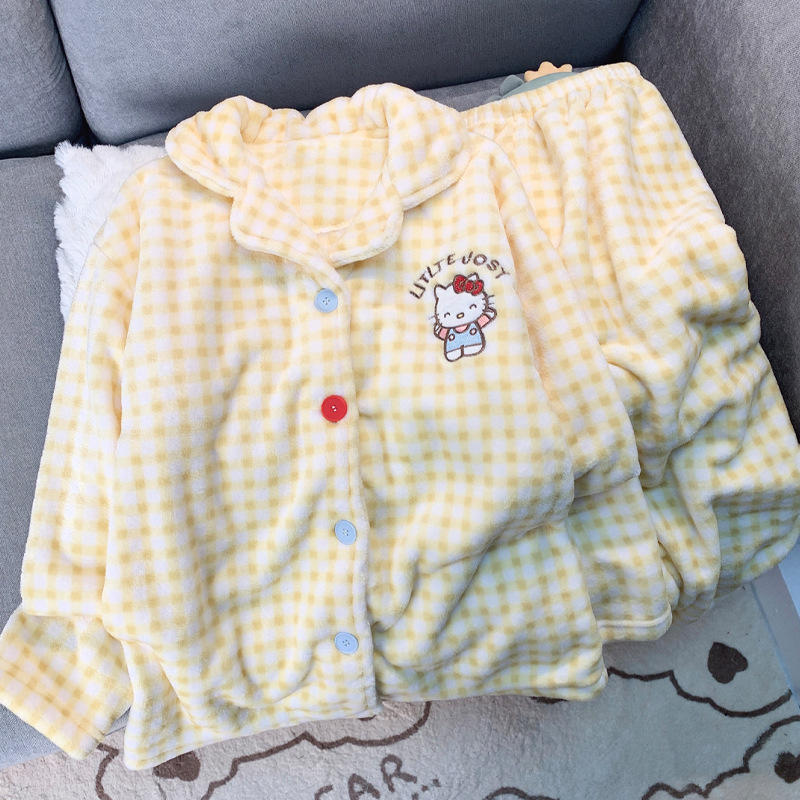 尤品奶黄格子小猫珊瑚绒睡衣女秋冬季法兰绒保暖家居服套装实拍