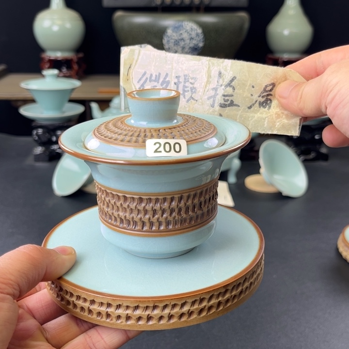 瓷片中国汝瓷马蹄盖碗200微瑕捡漏