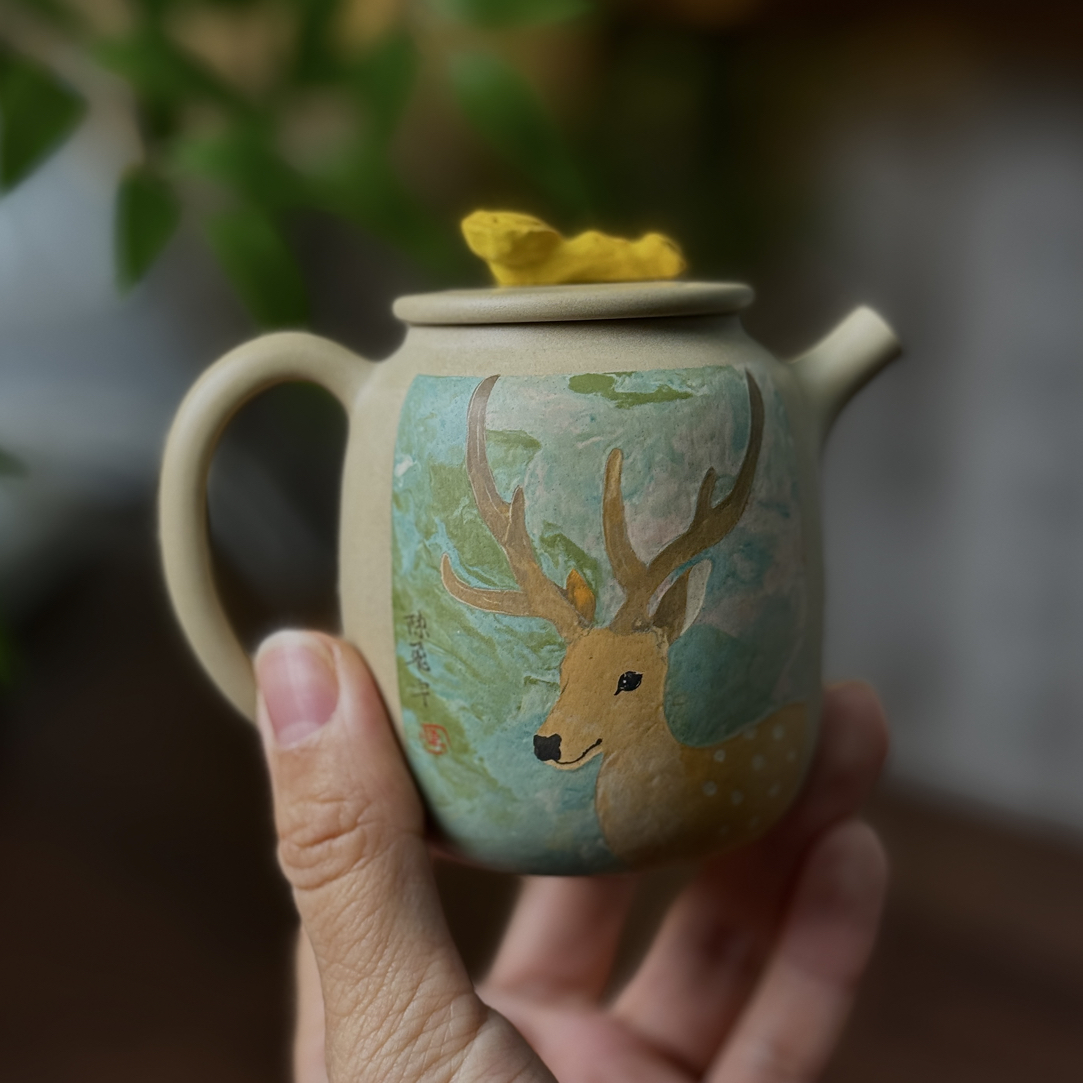 建水紫陶阴刻阳填手工打磨一鹿有你球孔170CC（询价有惊喜）