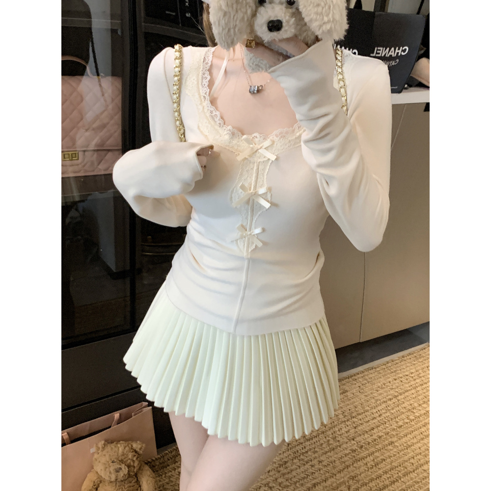 【梦梦】2025春季新款纯欲风蕾丝花边长袖T恤女修身短款显瘦上衣