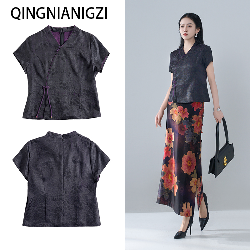 青娘子香云纱（云杉）提花国风新中式百搭时尚短袖气质上衣--60167