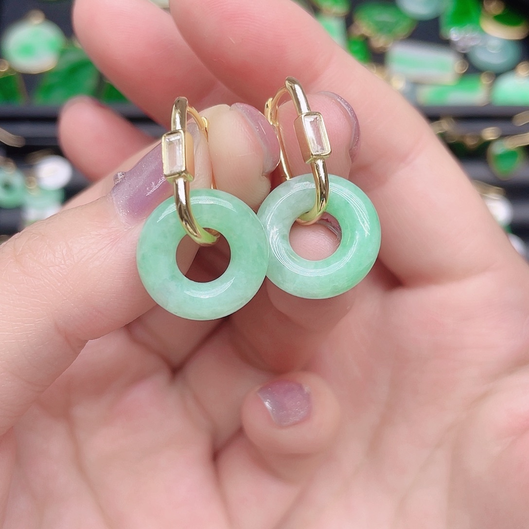 翡翠耳饰银S925镀金镶嵌天然翡翠