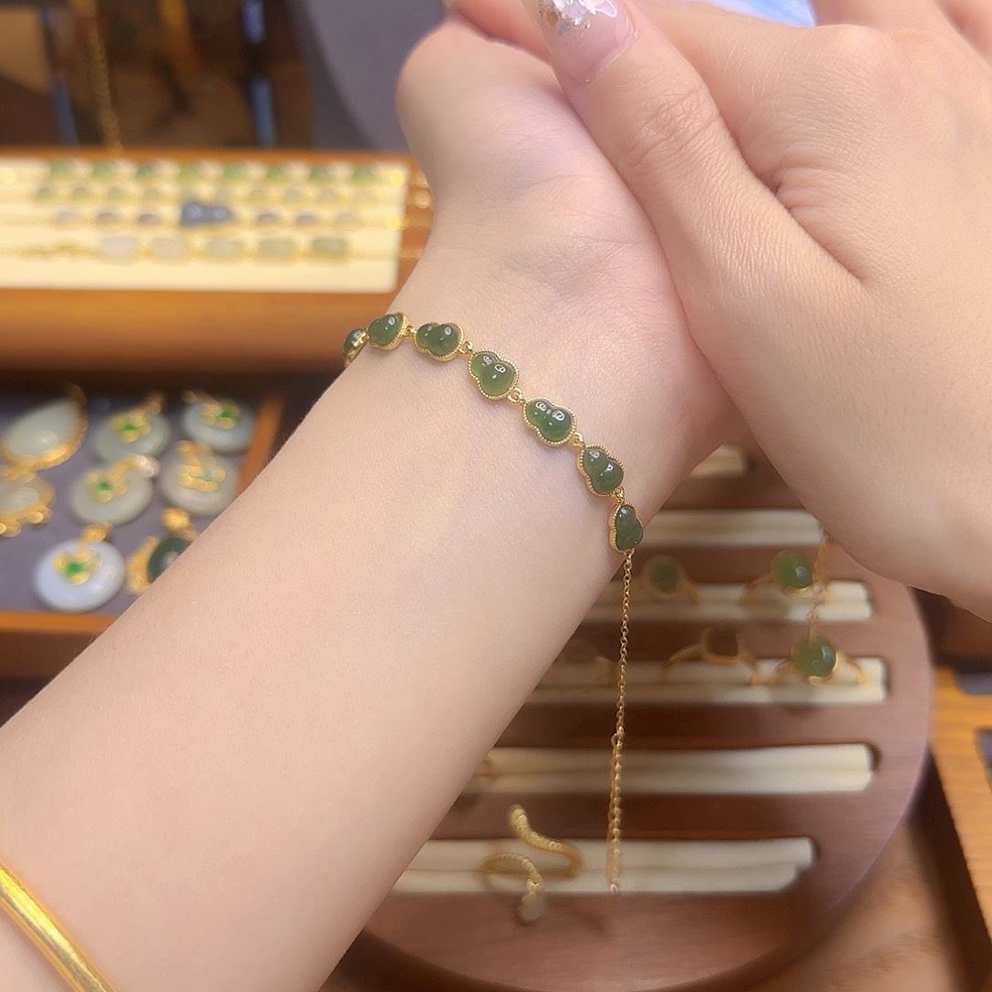 和田玉手链银S925镀金镶嵌