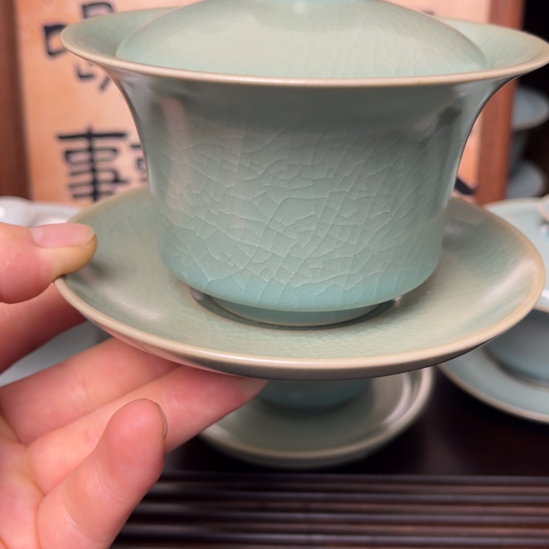 天***子马蹄三才盖碗青绿釉