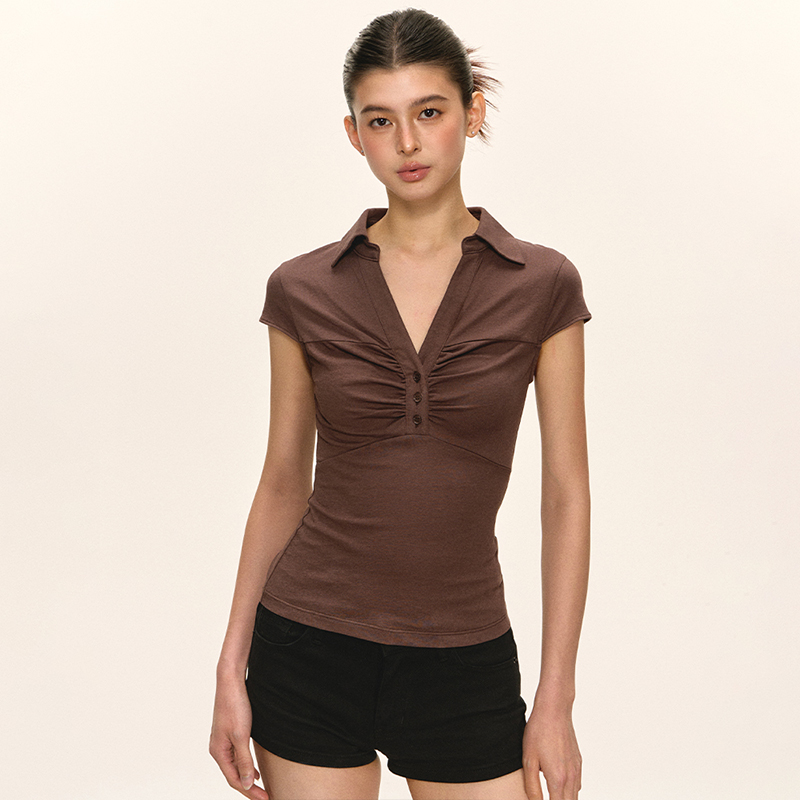 anna aneae正肩polo领短袖T恤女夏季气质设计感收腰显瘦短款上衣