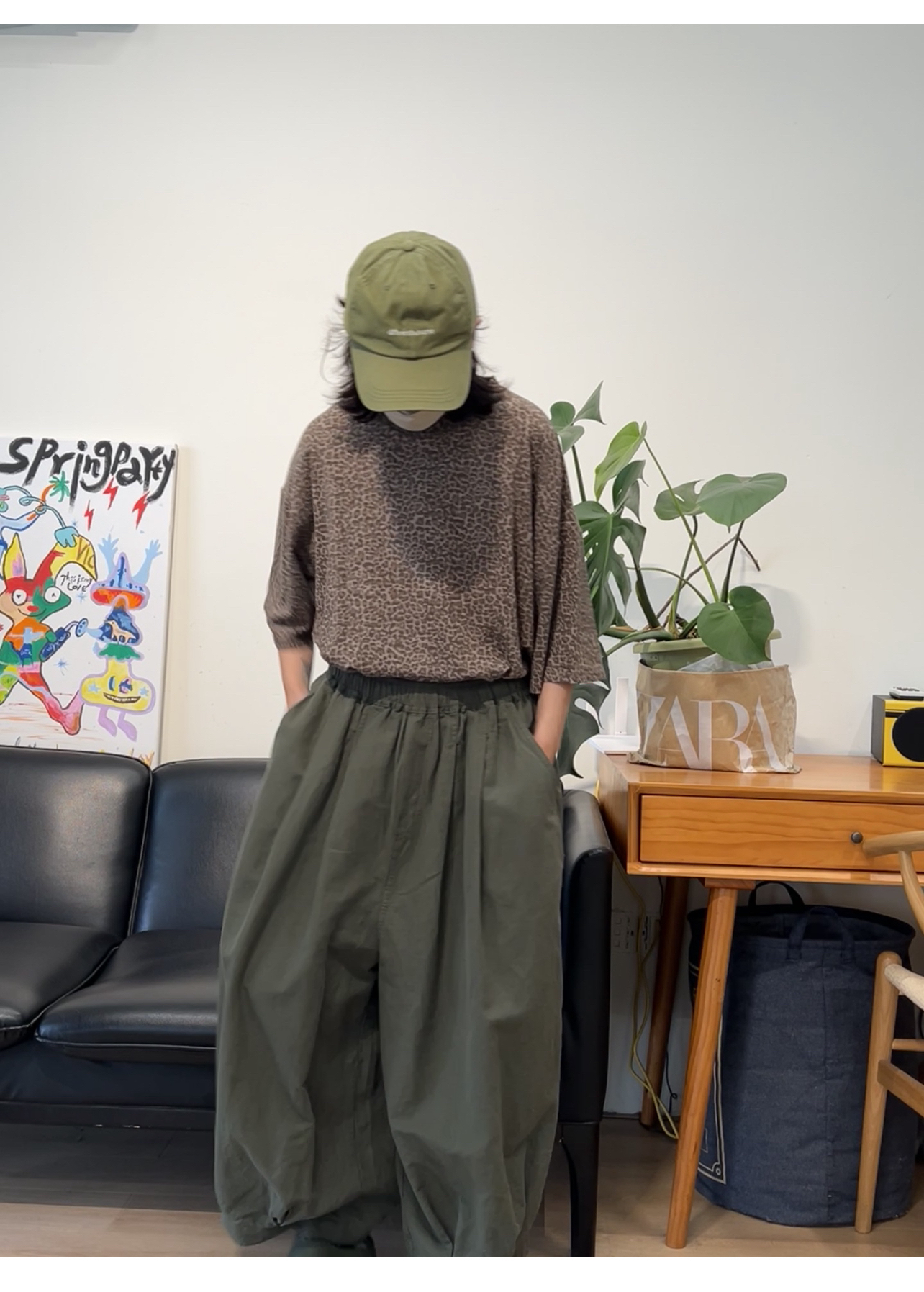 日系复古绿大阔腿版型裤