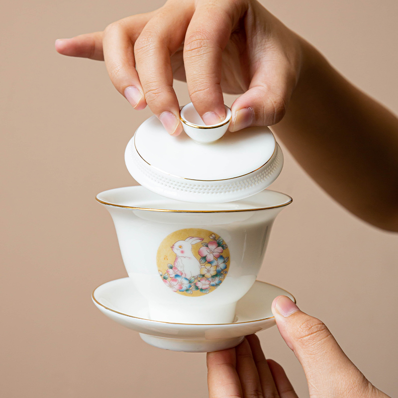 国宝窑羊脂玉瓷玉兔望月三才盖碗