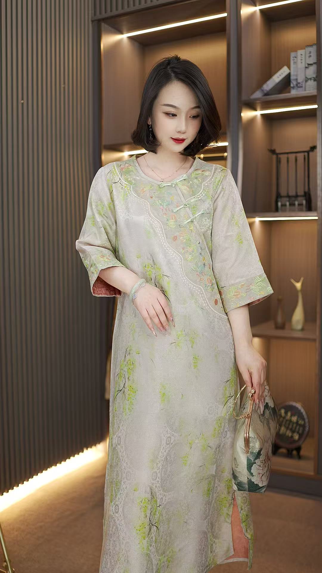 佳期-中式斜襟盘扣撞色改良气质连衣裙