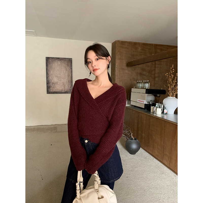 秋冬款安可拉红圣诞一片式绑带v领毛衣女F2622