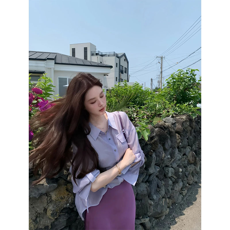 韩系御姐穿搭时髦洋气休闲翻领衬衫上衣高腰包臀百搭半身裙套装女