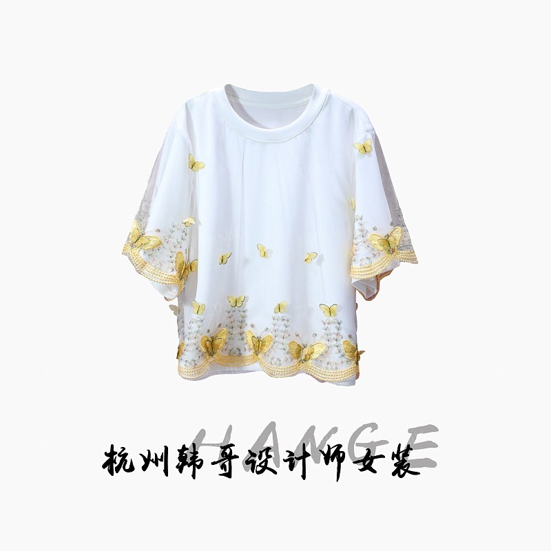 【韩哥女装】2025欧版《挂月》月光白拼接刺绣网纱叠层短袖9126-C1