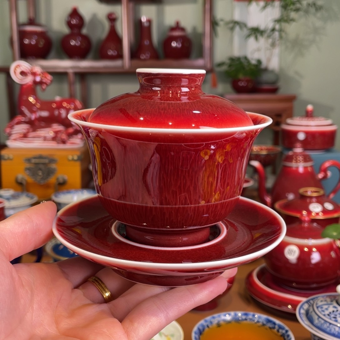 清欢雅玩原矿郎红福利元宝盖碗150毫升