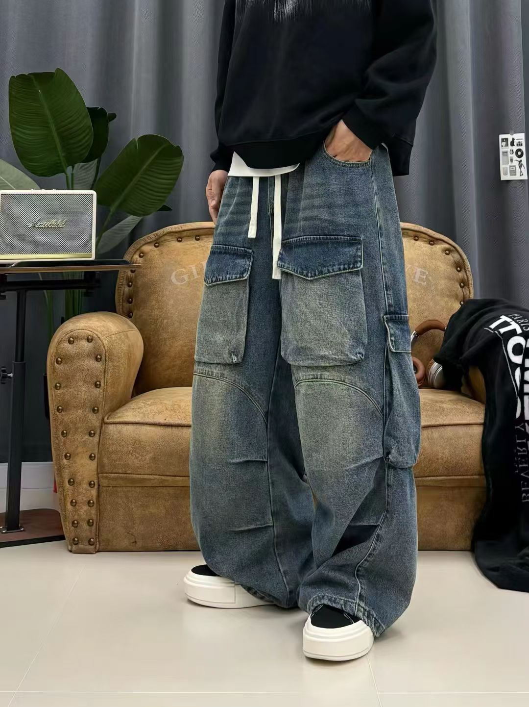 【实体店】多口袋水洗秋冬青少年扩版牛仔工装裤拼接潮牌男女同款