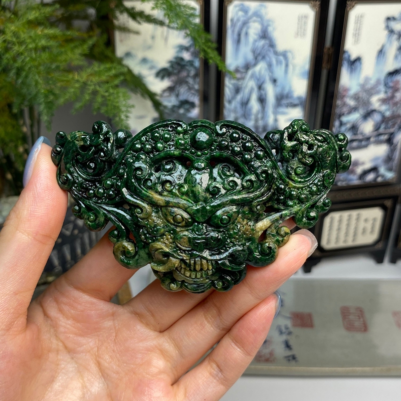 毛货  老料黄加绿瑞兽双龙玉横挂件 天然翡翠A货