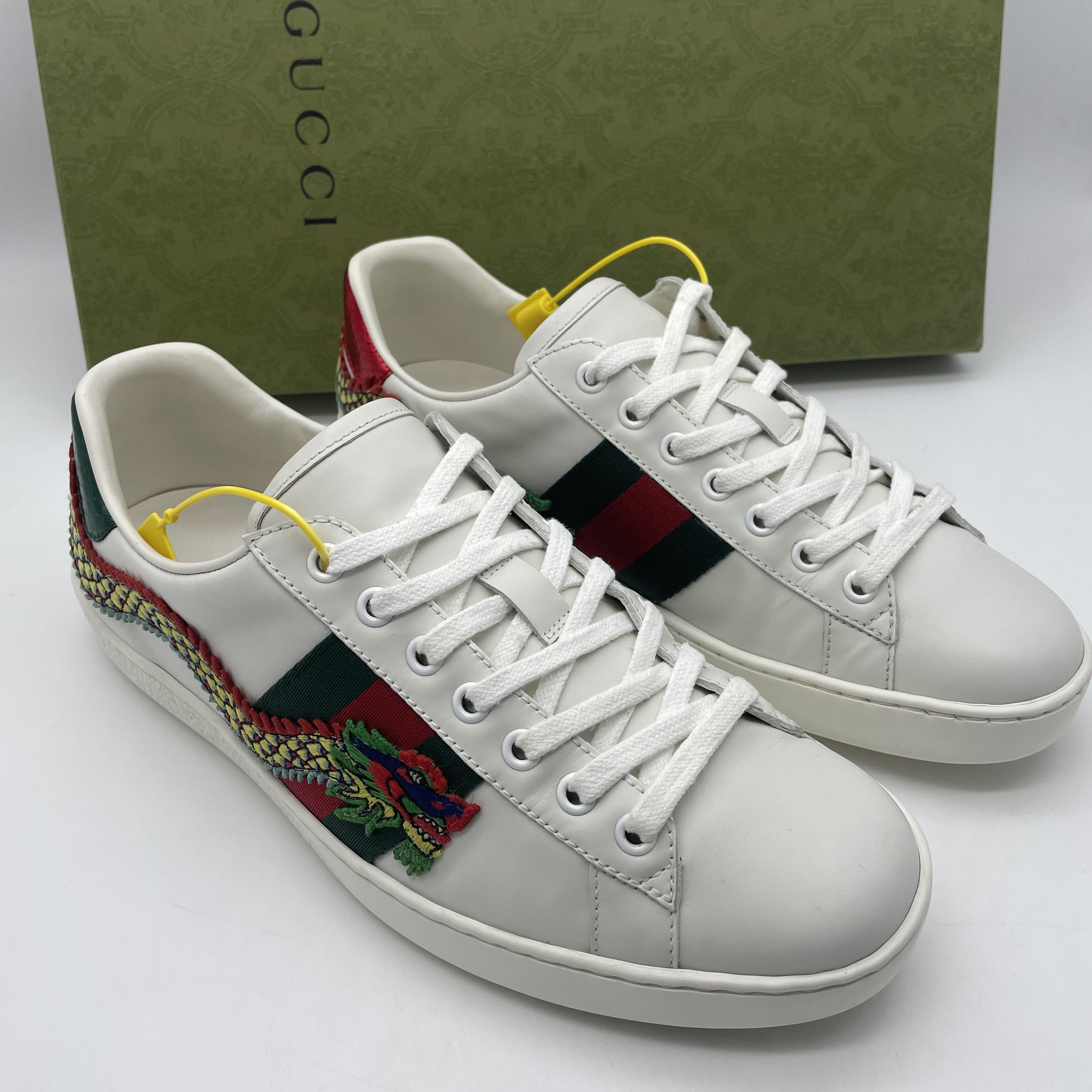 95新 GUCCI/古驰 /40.5欧码 二手男款 龙纹刺绣休闲时尚白色板鞋
