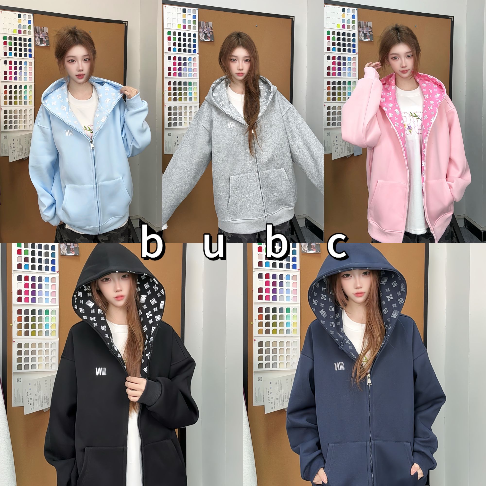 BUBC百搭慵懒字母内里休闲男女慵懒休闲洋气男女情侣拉链连帽卫衣