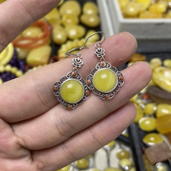 蜜蜡裸石银S925镶嵌耳坠