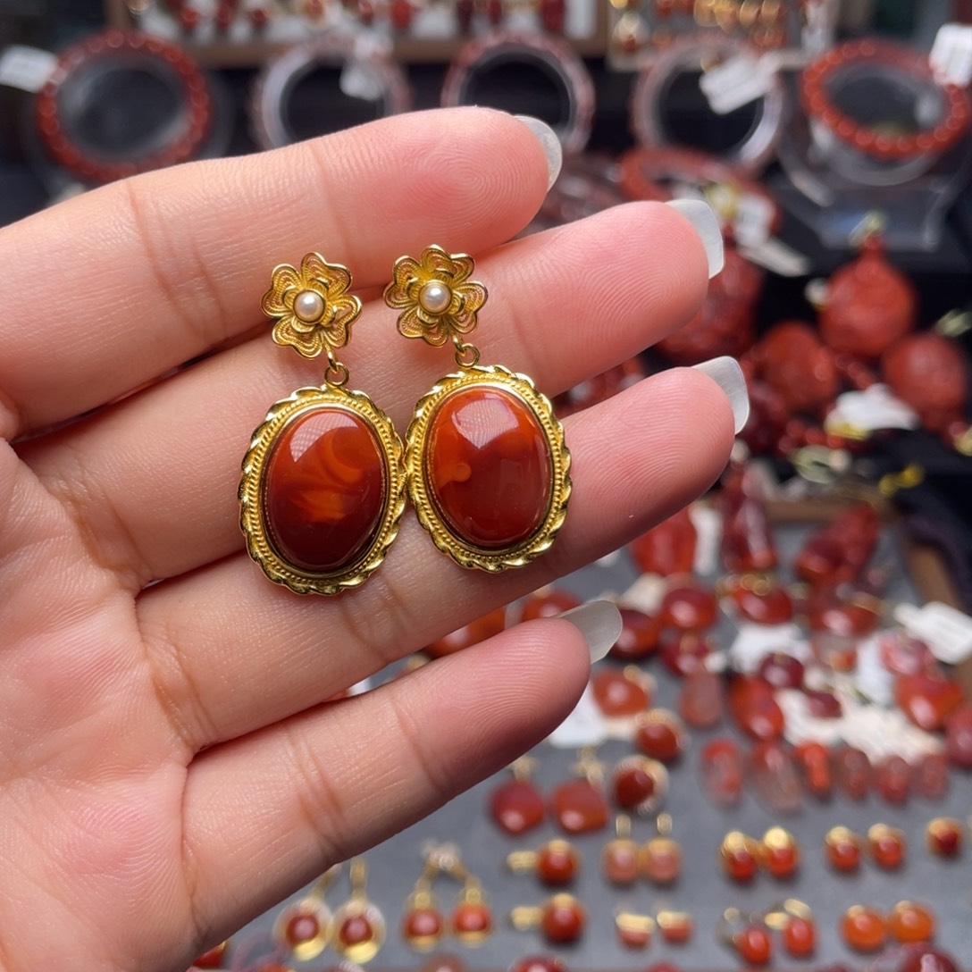 用***6南红玛瑙银S925镶嵌耳钉