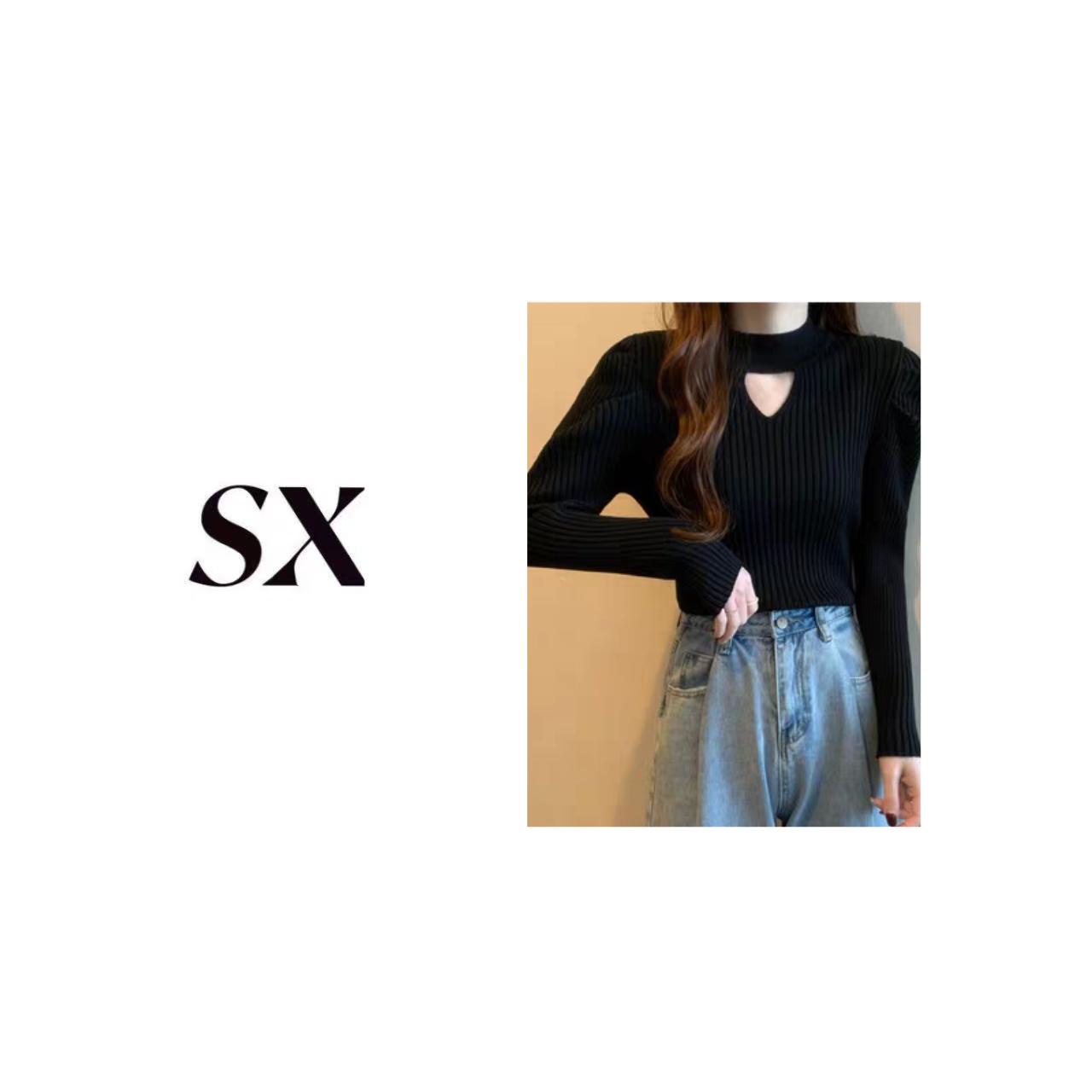 【9646】#SX-黑色半高领镂空打底衫