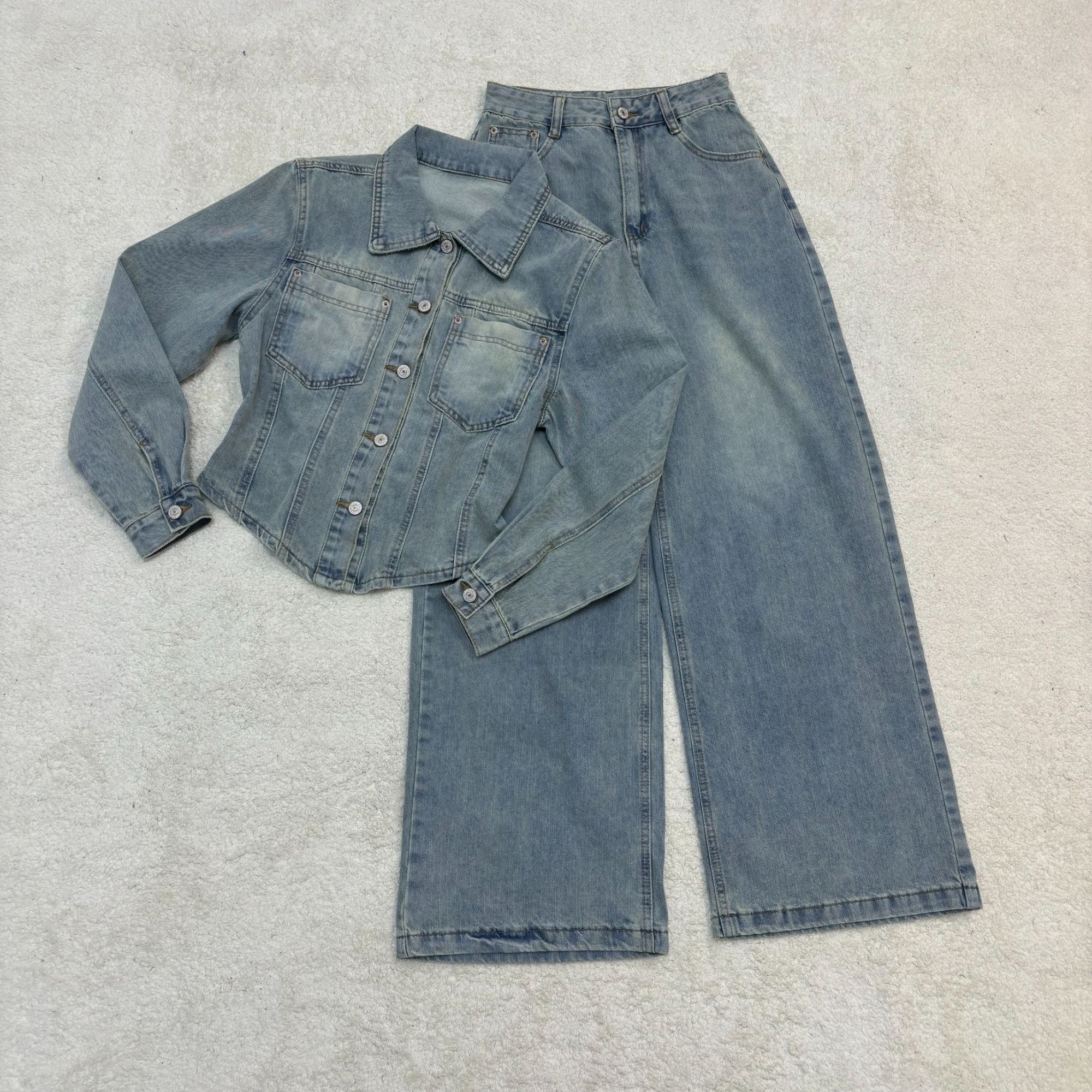 2025春季新款时尚洋气牛仔衬衫+牛仔直筒长裤套装25105