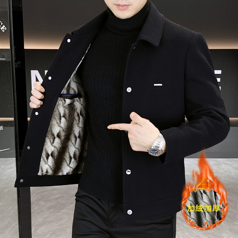 男士加厚毛呢外套潮流休闲加绒保暖翻领夹克外套男秋冬季