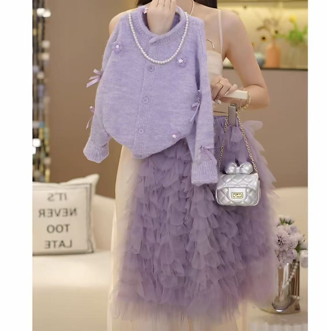 女童秋装套装2025新款童装中大童洋气时髦爱心毛衣网纱裙两件套潮