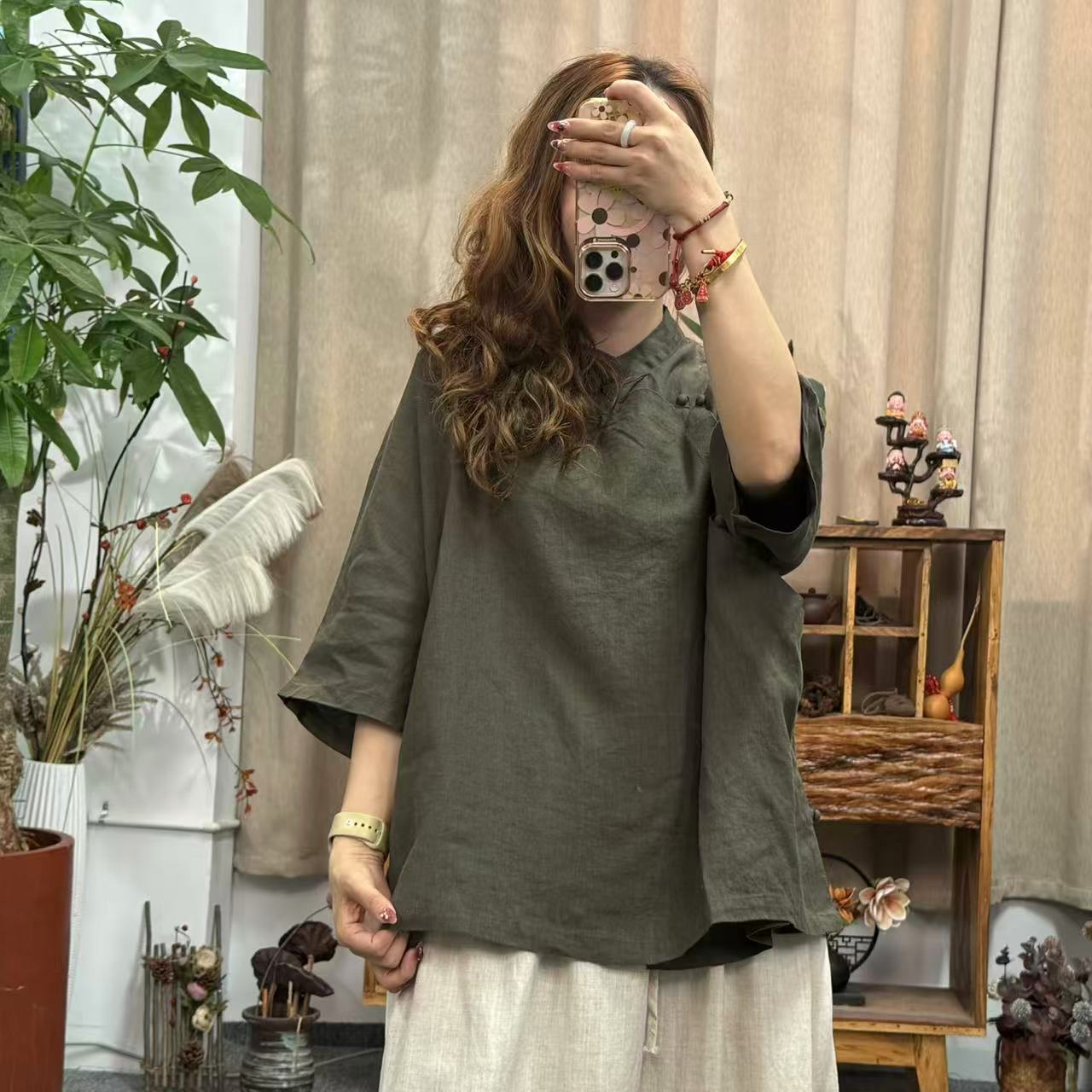 花璟与麻原创设计复古炒色斜襟立领上衣（衣长61胸围140)