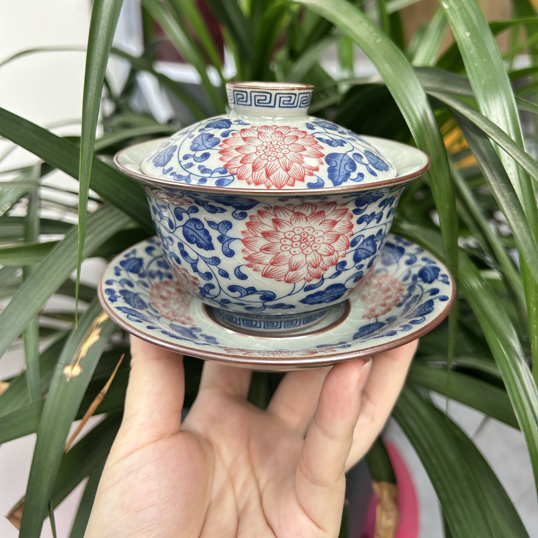 鸿运当头高温釉下青花釉里红三才悬停盖碗茶具泡茶盖碗容量约160