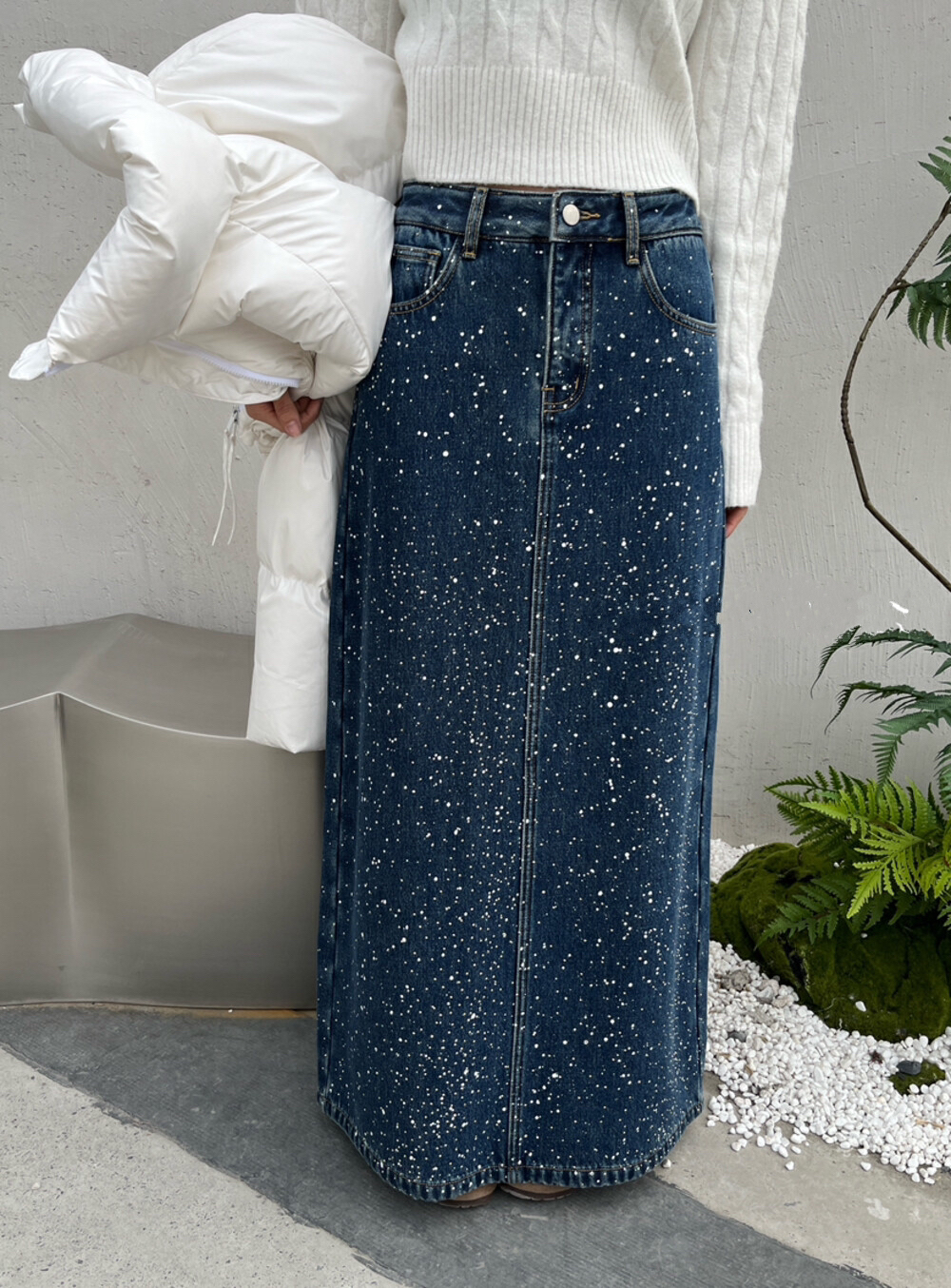 带钻泼墨牛仔半身裙