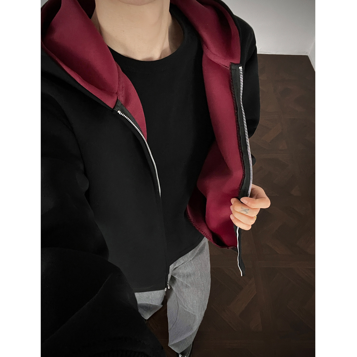 460G重磅拼色开衫卫衣男女同款连帽宽松休闲外套百搭运动情侣长袖