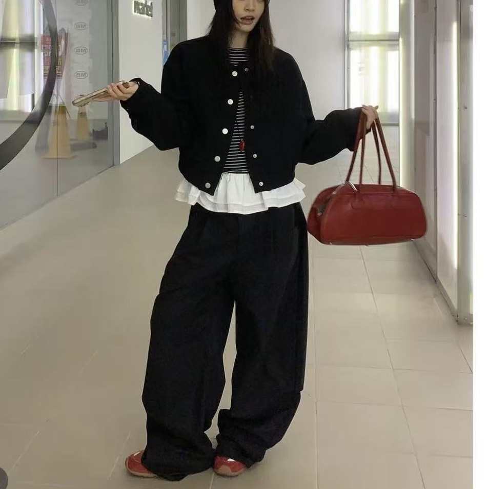 韩系高级感大码短款外套女秋季新款宽松休闲百搭上衣潮三件套