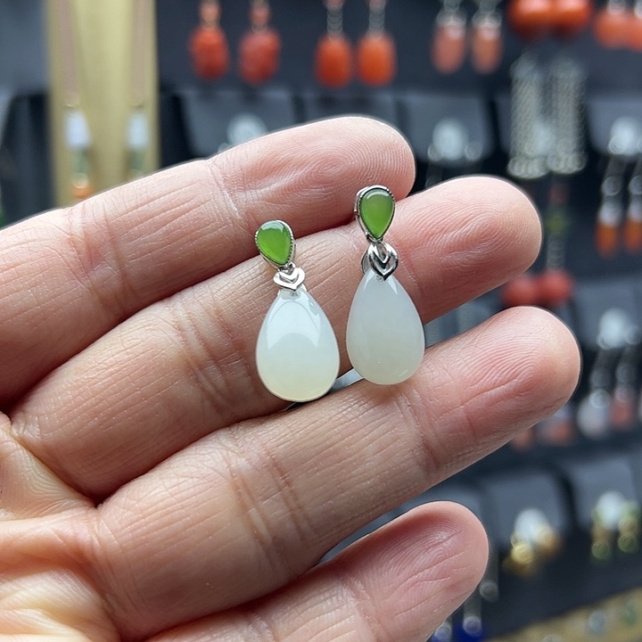 和田玉耳饰银S925镶嵌