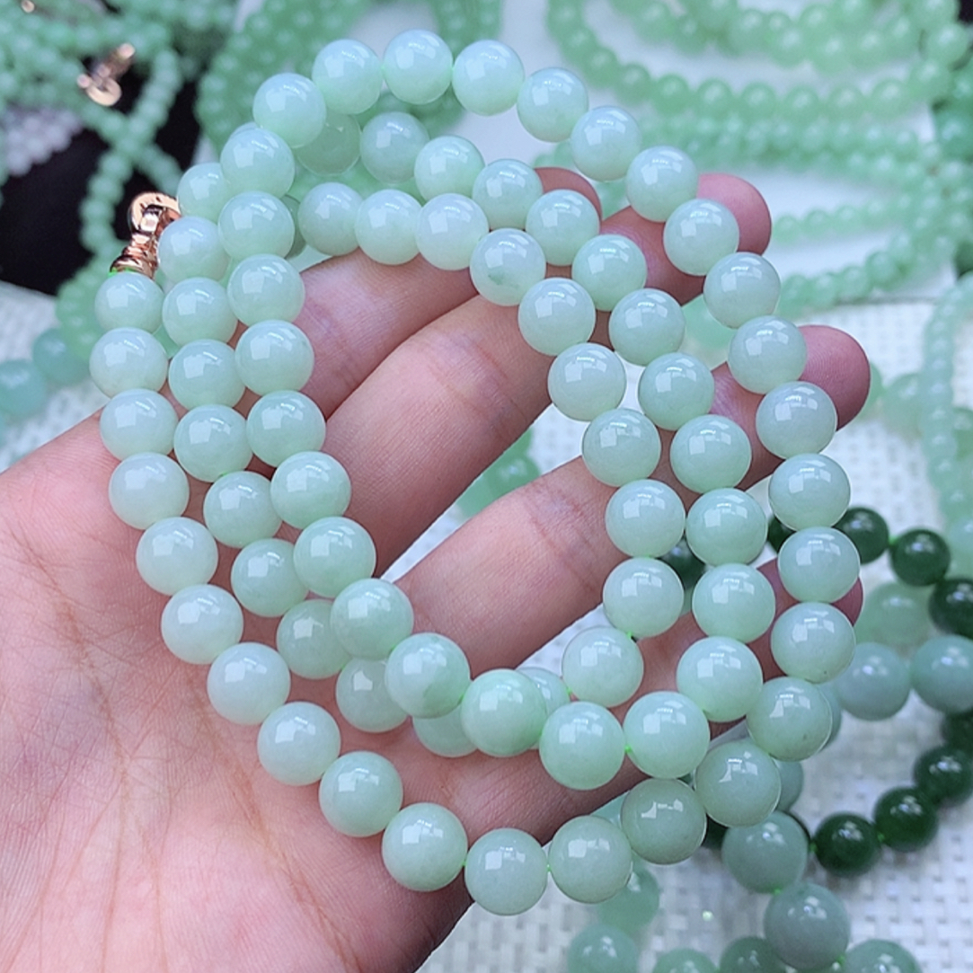 缅甸天然翡翠A货卡9+m冰润冰绿项链老坑多圈手链妈妈链素圈气质