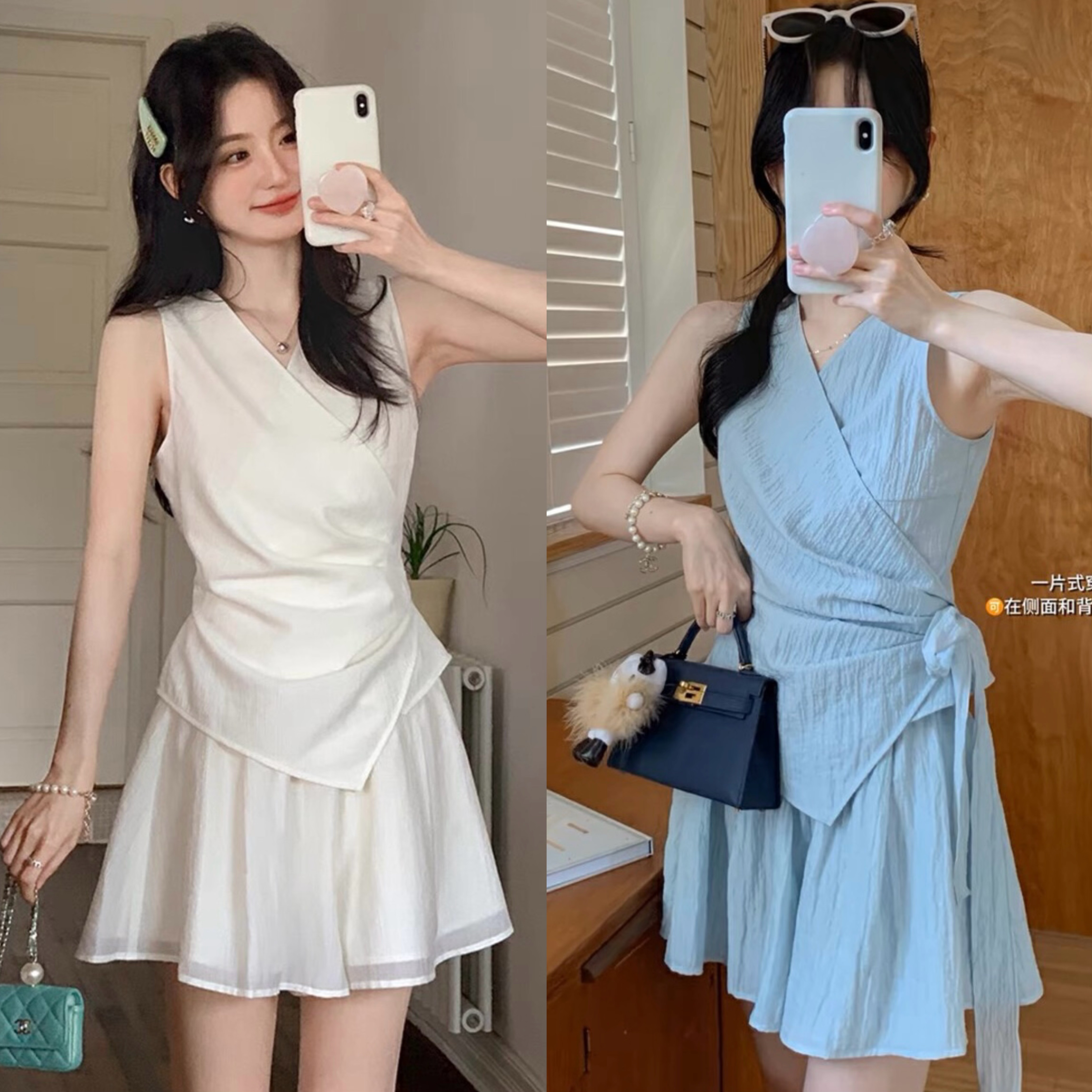 2025夏季度假风休闲收腰无袖V领绑带上衣女显瘦短裙裤两件套A1323