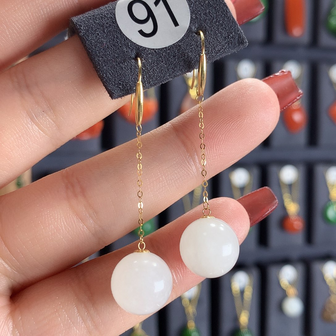 和田玉耳饰18K金镶嵌91