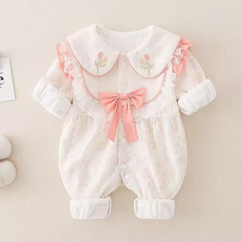 婴儿新生儿衣服双层秋装连体衣宝宝满月洋气公主哈衣外出爬服春秋