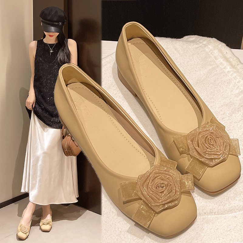 皮鞋方头低跟单鞋秋季春季花朵平底鞋浅口法式平底粗跟一脚蹬春秋