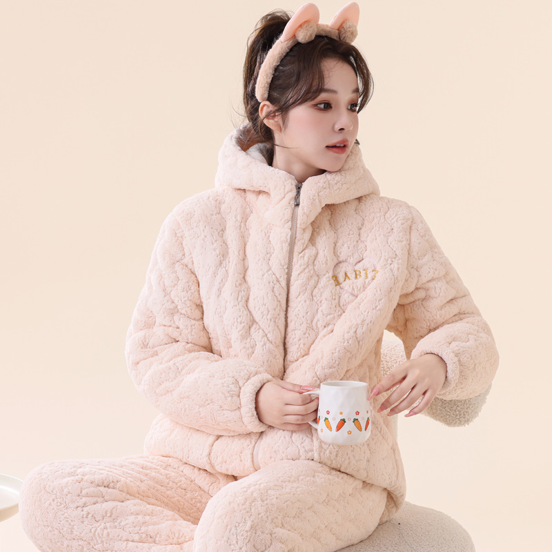 冬季夹棉加绒加厚款睡衣套装拉链连帽女装甜美冬天保暖暖绒家居服